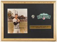 Ted Williams Signed Red Sox Custom Framed Photo Display with Ted Williams Lapel Pin & Fenway Park Patch (PSA) at PristineAuction.com