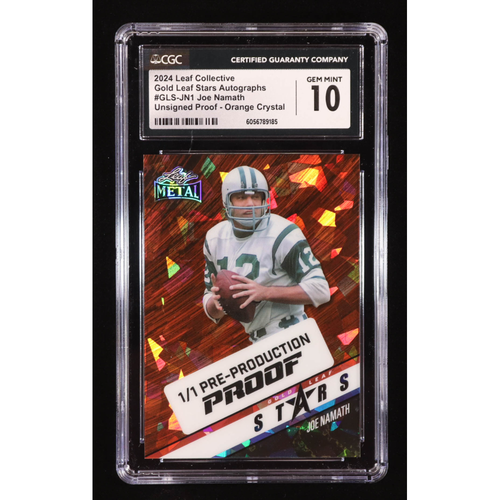 Joe Namath 2024 Leaf Collective Gold Leaf Stars Autographs Orange Crystal Pre-Production Proof #NNO #1/1 (CGC 10) at PristineAuction.com
