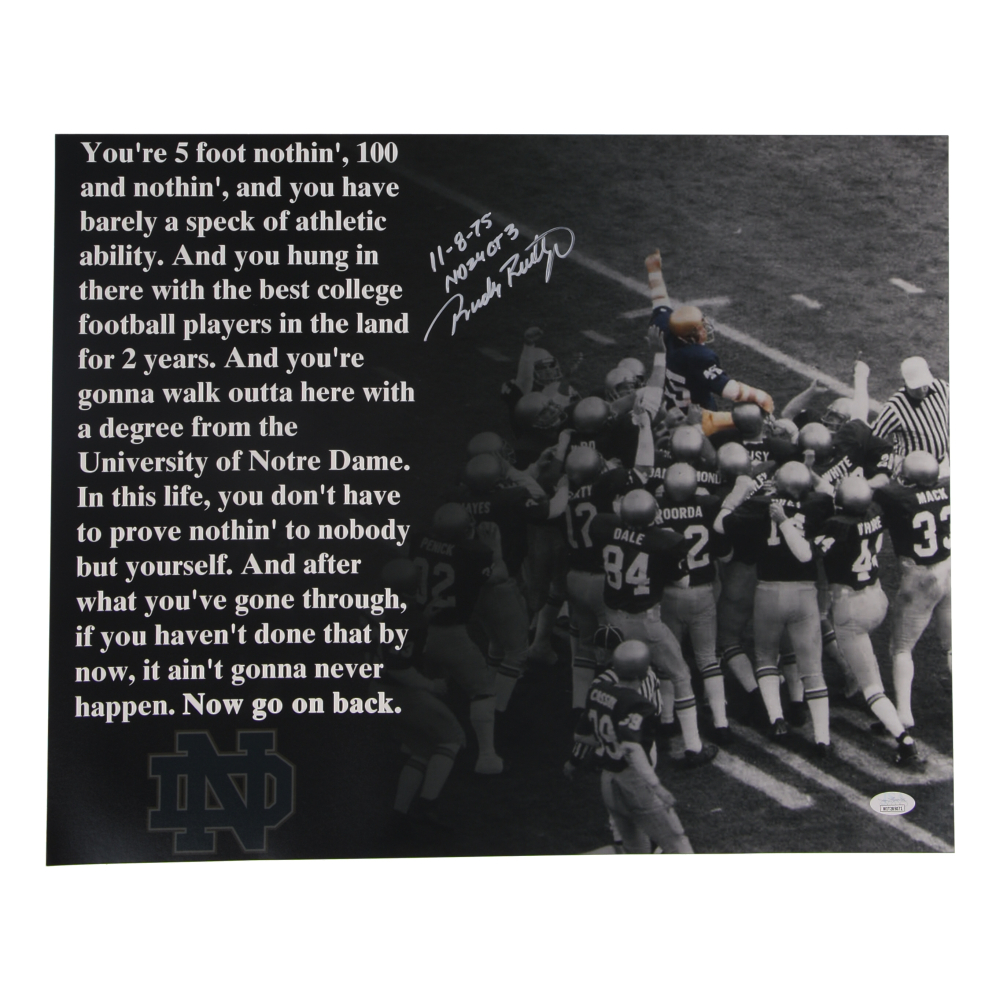 Rudy Ruettiger Signed Notre Dame Fighting Irish 16x20 Photo Inscribed ...