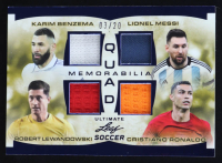 Karim Benzema / Lionel Messi / Robert Lewandowski / Cristiano Ronaldo 2022 Leaf Ultimate Soccer Quad Memorabilia Navy Blue #UQM5 #03/20 at PristineAuction.com
