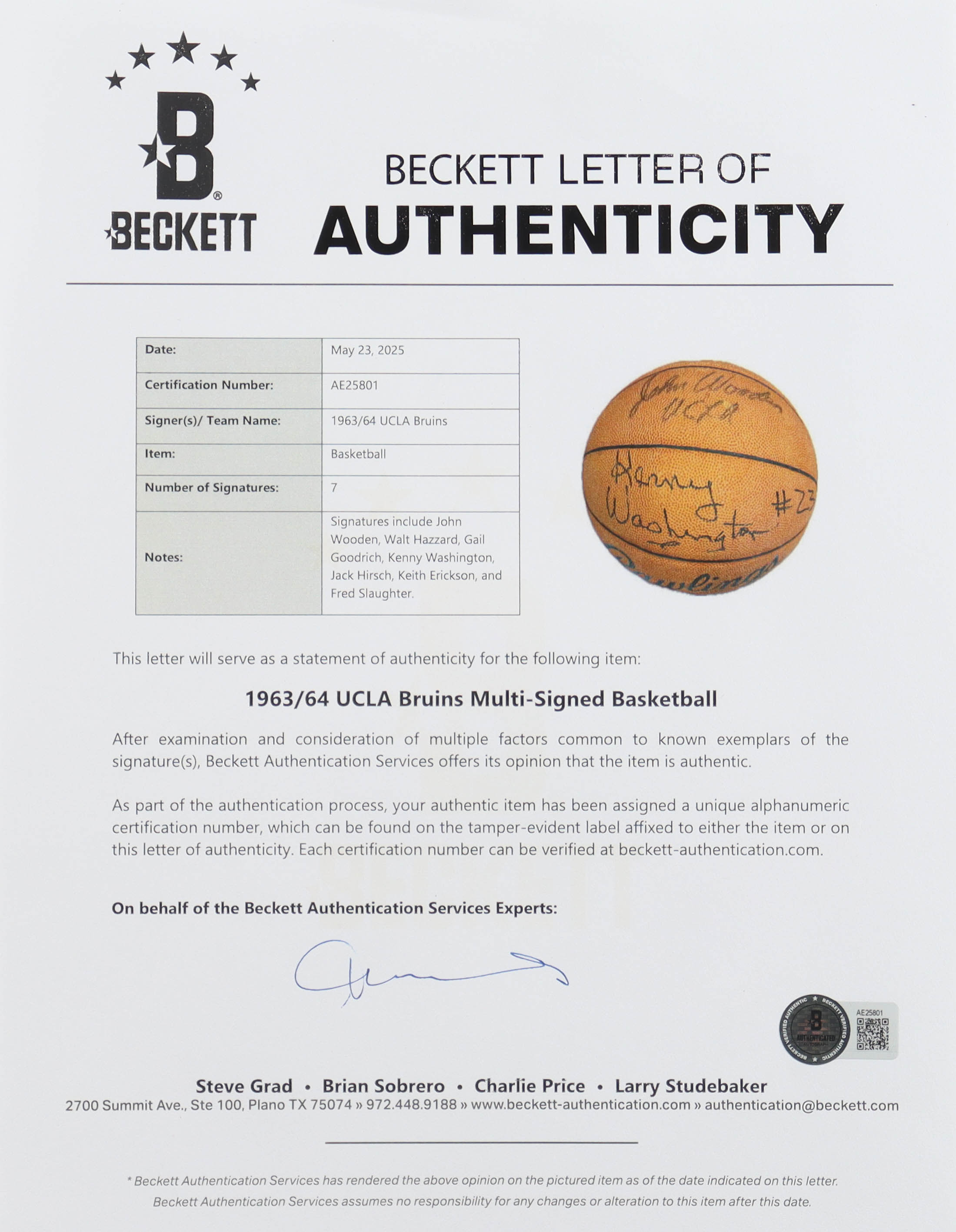 1963-64 UCLA Bruins Basketball Team-Signed By (7) Including John Wooden, Walt Hazzard, Gail Goodrich, Kenny Washington, Jack Hirsch, Keith Erickson & Fred Slaughter (Beckett) at PristineAuction.com 1963-64 UCLA Bruins Basketball Team-Signed By (7) Including John Wooden, Walt Hazzard, Gail Goodrich, Kenny Washington, Jack Hirsch, Keith Erickson & Fred Slaughter (Beckett) at PristineAuction.com