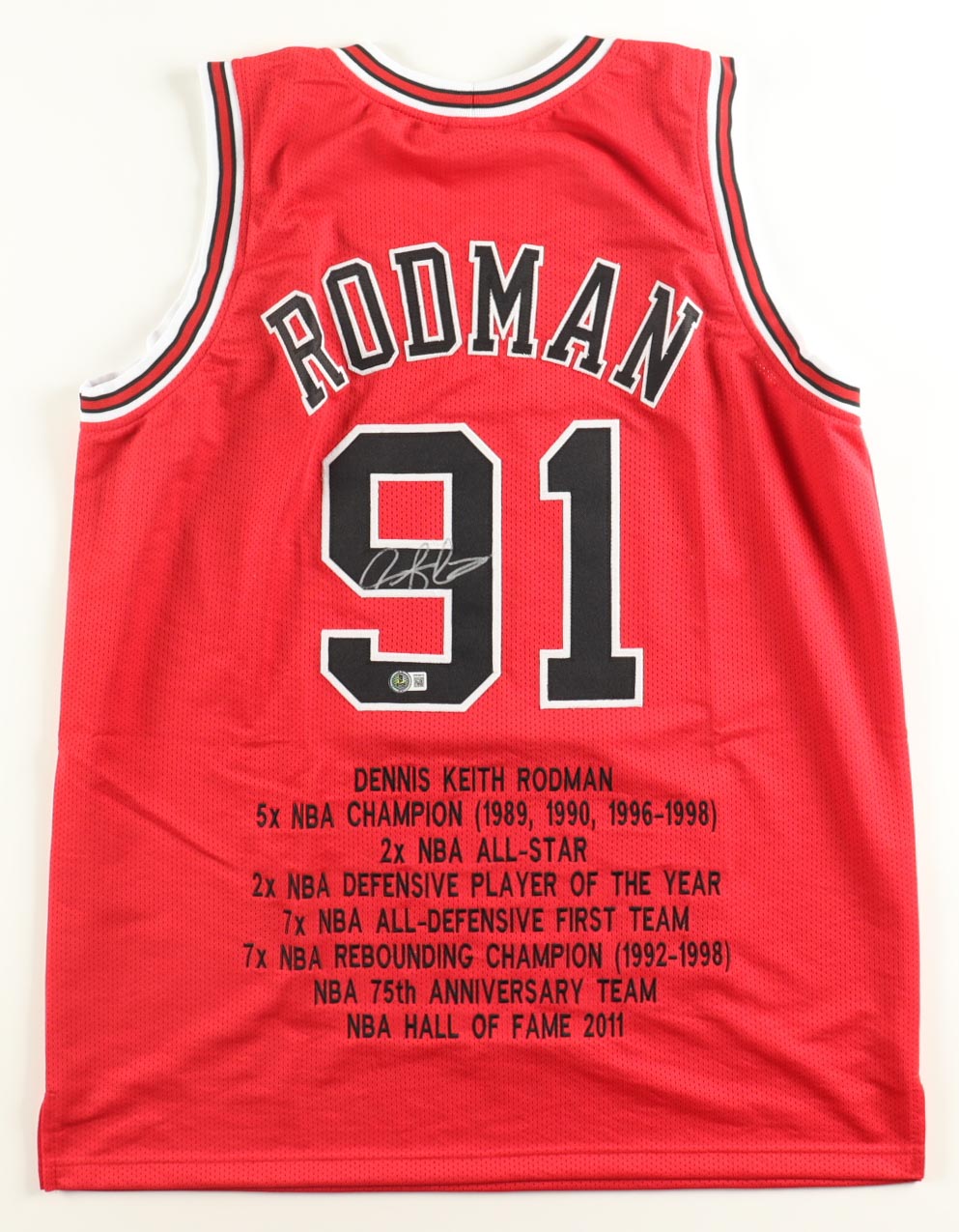 Dennis Rodman Signed Career Highlight Stat Jersey (Beckett) at PristineAuction.com Dennis Rodman Signed Career Highlight Stat Jersey (Beckett) at PristineAuction.com