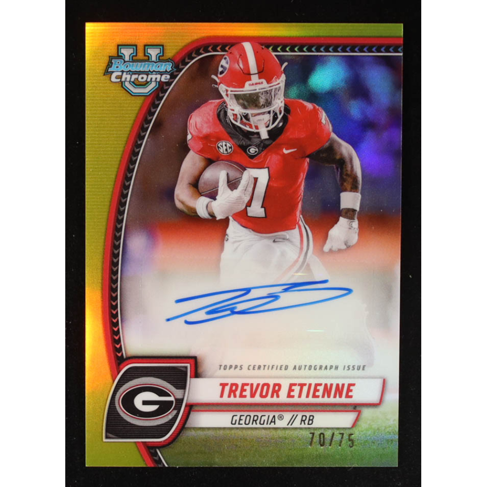 Trevor Etienne 2024 Bowman Chrome University Prospect Autographs Yellow Refractors #PATET RC #70/75 at PristineAuction.com