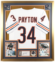 Walter Payton Signed Custom Framed Cut Display With Jersey, Bears Logo Pin & (2) Team Logo Cloth Patches (PSA) at PristineAuction.com