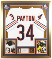 Walter Payton Signed Custom Framed Cut Display With Jersey, Hall Of Fame Logo Pin & (2) Hall Of Fame Logo Cloth Patches (PSA) at PristineAuction.com