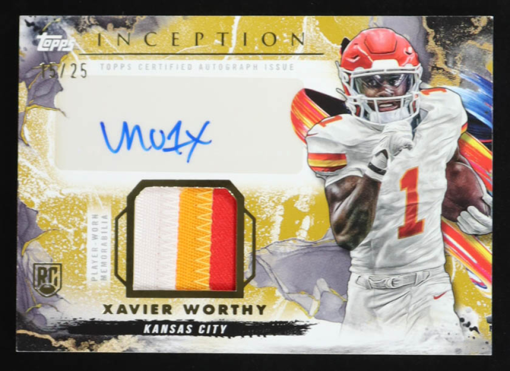 Xavier Worthy 2024 Topps Inception Provenance Patch Autographs Gold #PPAXW RC #15/25