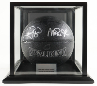 Larry Bird & Magic Johnson Signed Spalding Basketball With Wood Display Case (Beckett & PSA) at PristineAuction.com