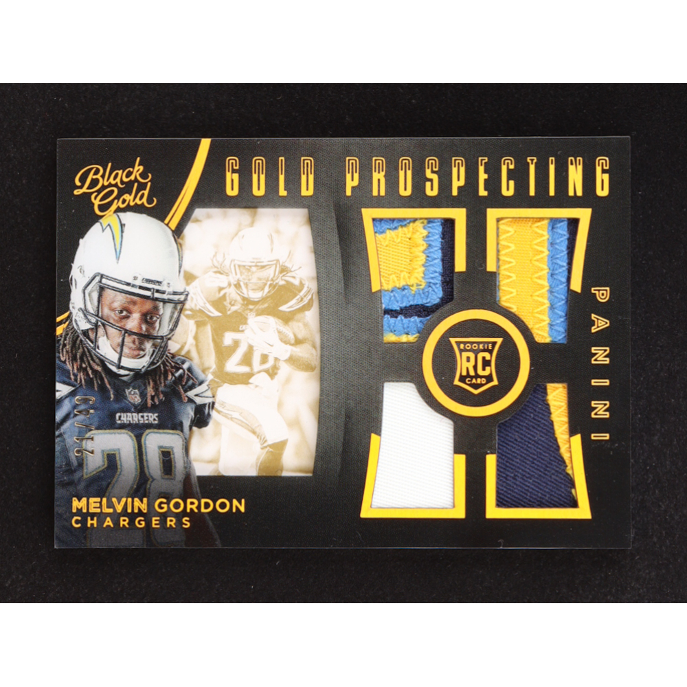 Melvin Gordon 2015 Panini Black Gold Gold Prospecting Quad Materials Prime #GP4MG RC #21/49 at PristineAuction.com