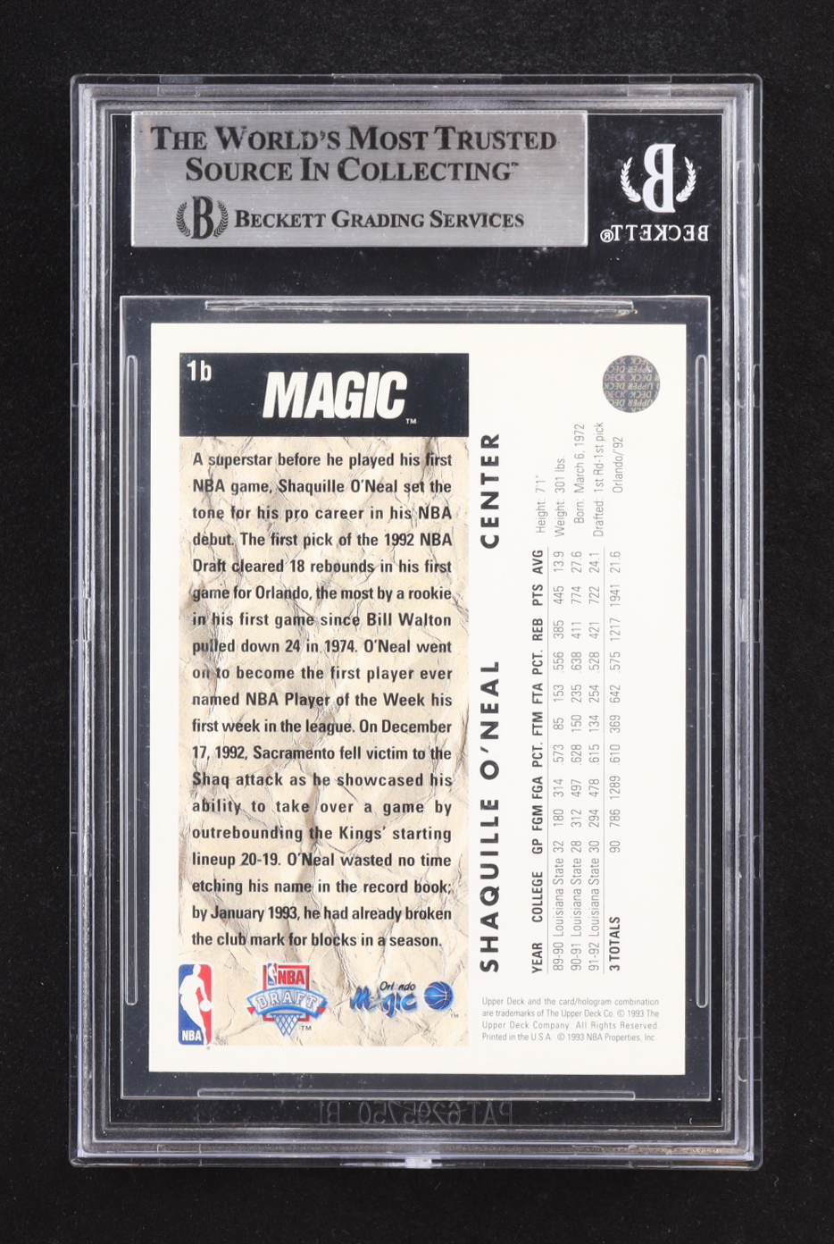 Shaquille O'Neal Signed 1992-93 Upper Deck #1B RC (BGS) at PristineAuction.com Shaquille O'Neal Signed 1992-93 Upper Deck #1B RC (BGS) at PristineAuction.com