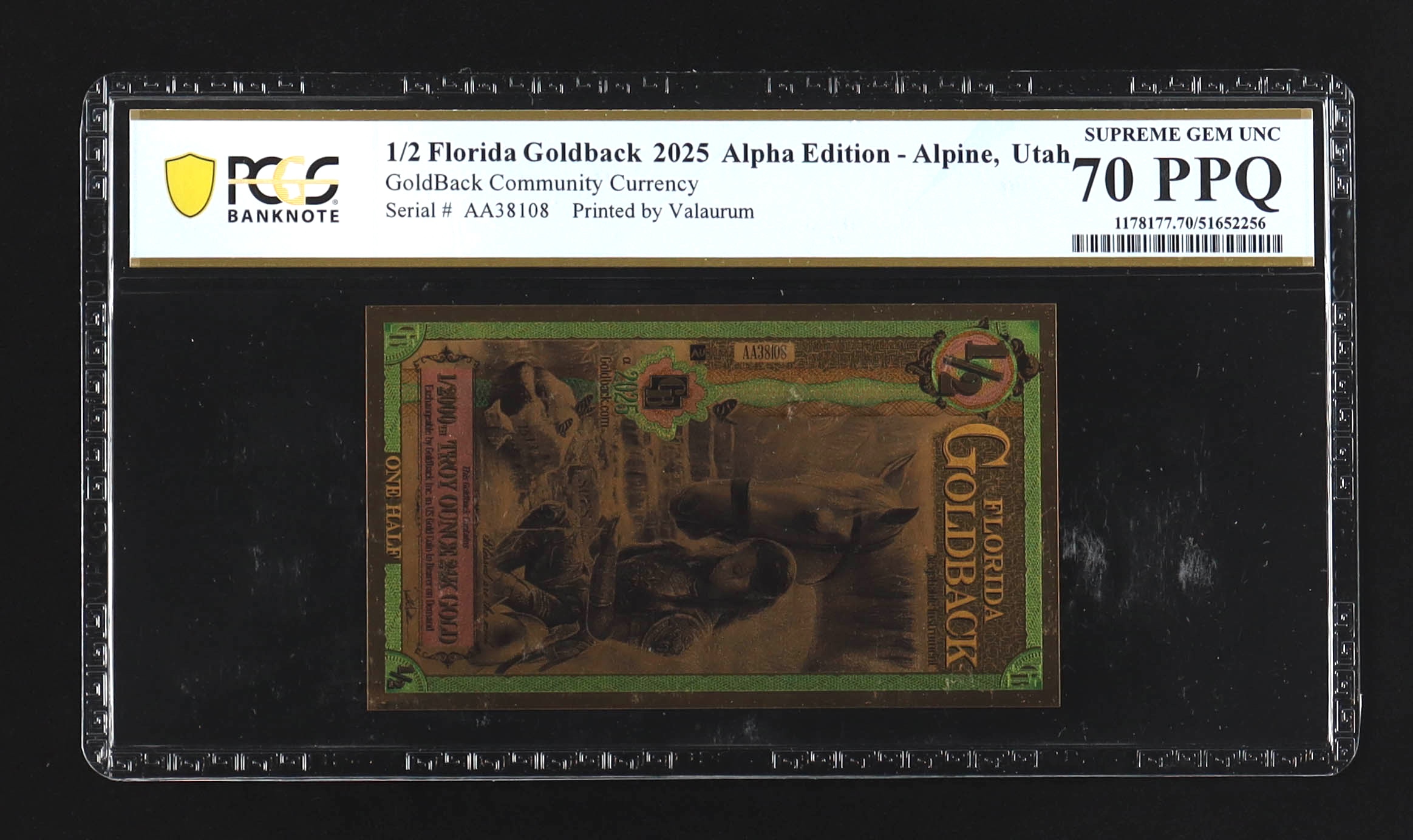 thumbnail image 2 of 2025 Florida Goldback 1/200 Oz .999 Fine Gold – Non-Alpha (Audax, Daring) In Protective Sleeve 2 of 6