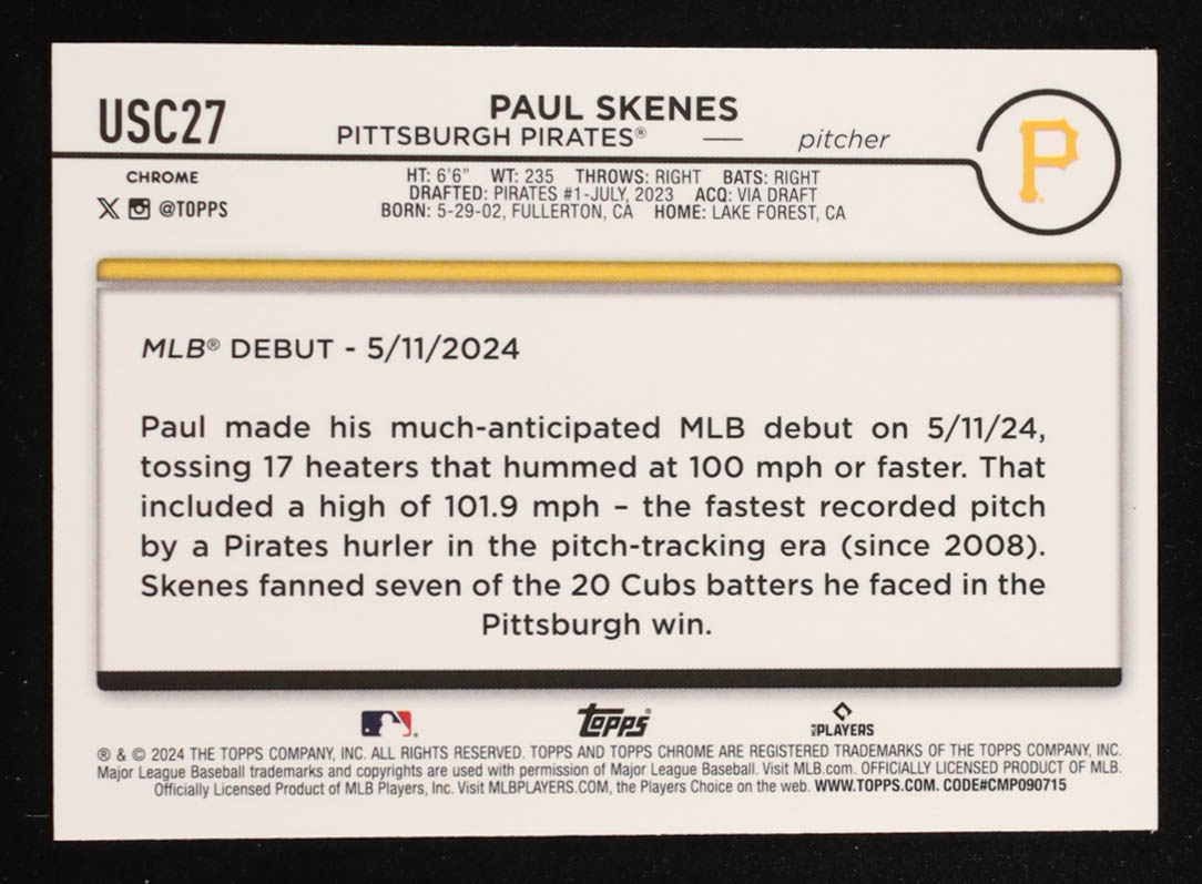 Paul Skenes 2024 Topps Chrome Update Raywave Refractor #USC27 RC at PristineAuction.com Paul Skenes 2024 Topps Chrome Update Raywave Refractor #USC27 RC at PristineAuction.com