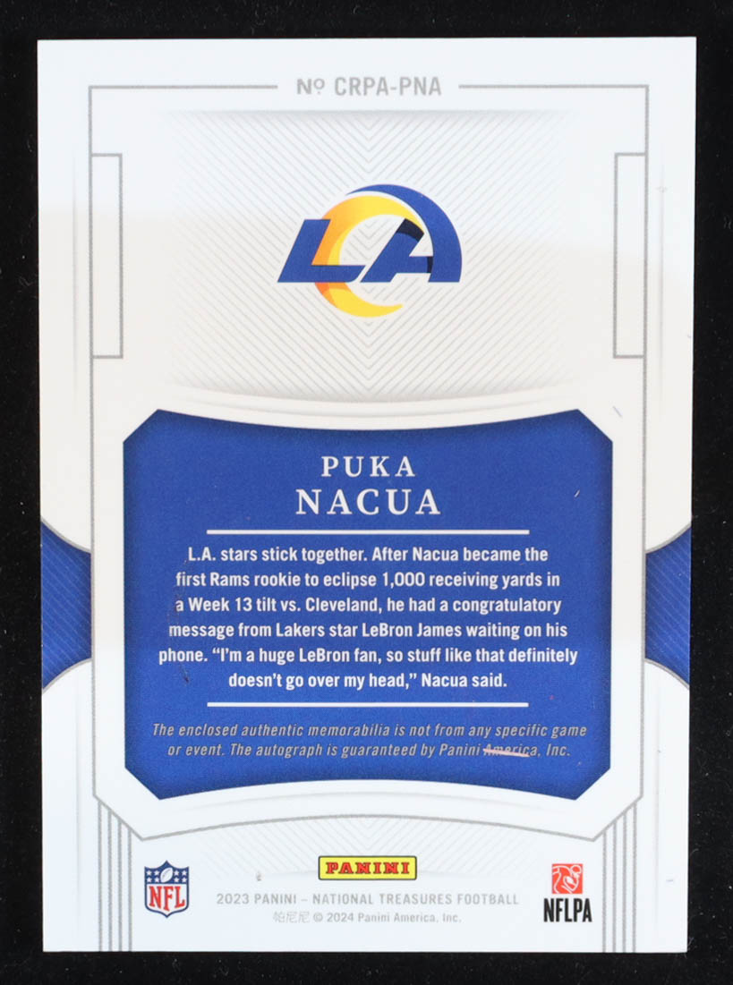 Puka Nacua 2023 Panini National Treasures Crossover Rookie Patch Autographs Holo Silver #23 RC #20/25 at PristineAuction.com Puka Nacua 2023 Panini National Treasures Crossover Rookie Patch Autographs Holo Silver #23 RC #20/25 at PristineAuction.com
