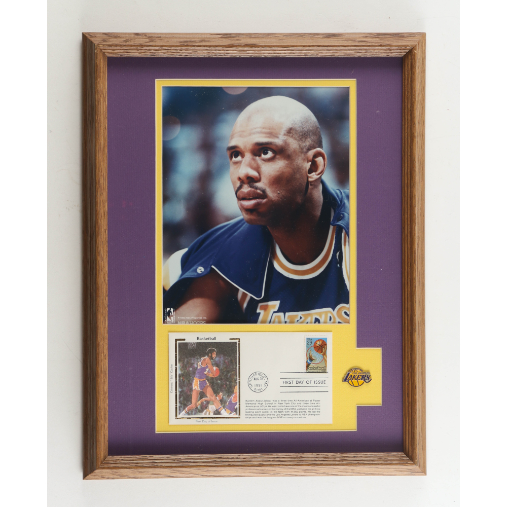 Kareem Abdul-Jabbar Custom Framed 1991 FDC Envelope Display With Lakers Logo Pin & Photo at PristineAuction.com