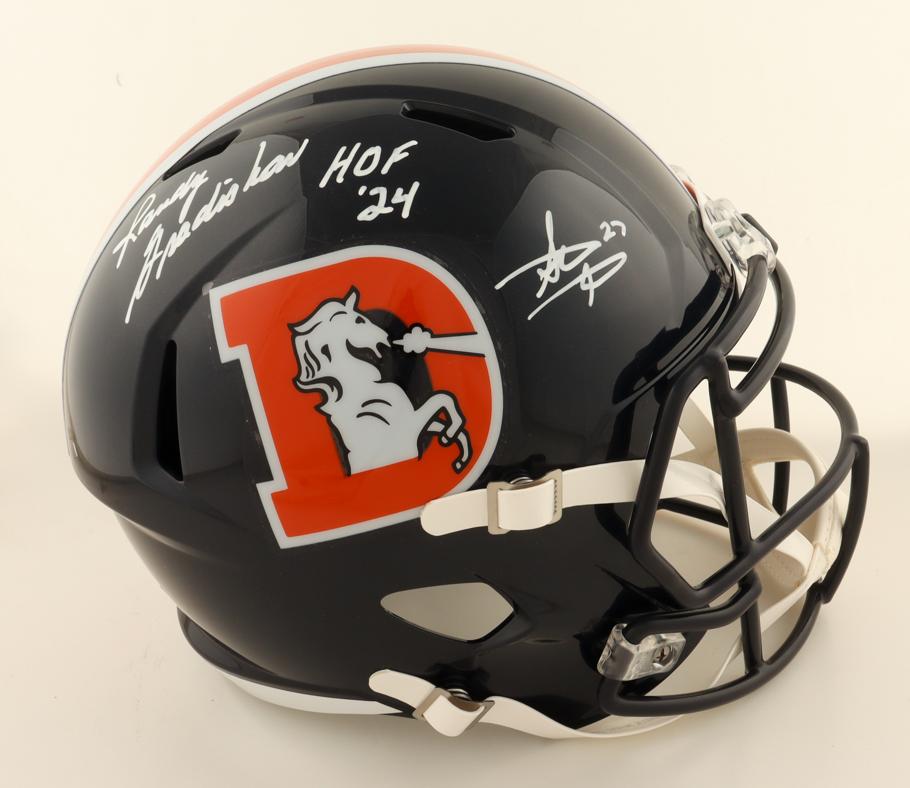Steve Atwater & Randy Gradishar Signed Broncos Full-Size Throwback Alternate Speed Helmet Inscribed "HOF 24" (JSA) at PristineAuction.com Steve Atwater & Randy Gradishar Signed Broncos Full-Size Throwback Alternate Speed Helmet Inscribed "HOF 24" (JSA) at PristineAuction.com