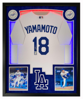Yoshinobu Yamamoto Signed Dodgers Custom Framed Jersey Display with LED Lights (Fanatics) at PristineAuction.com