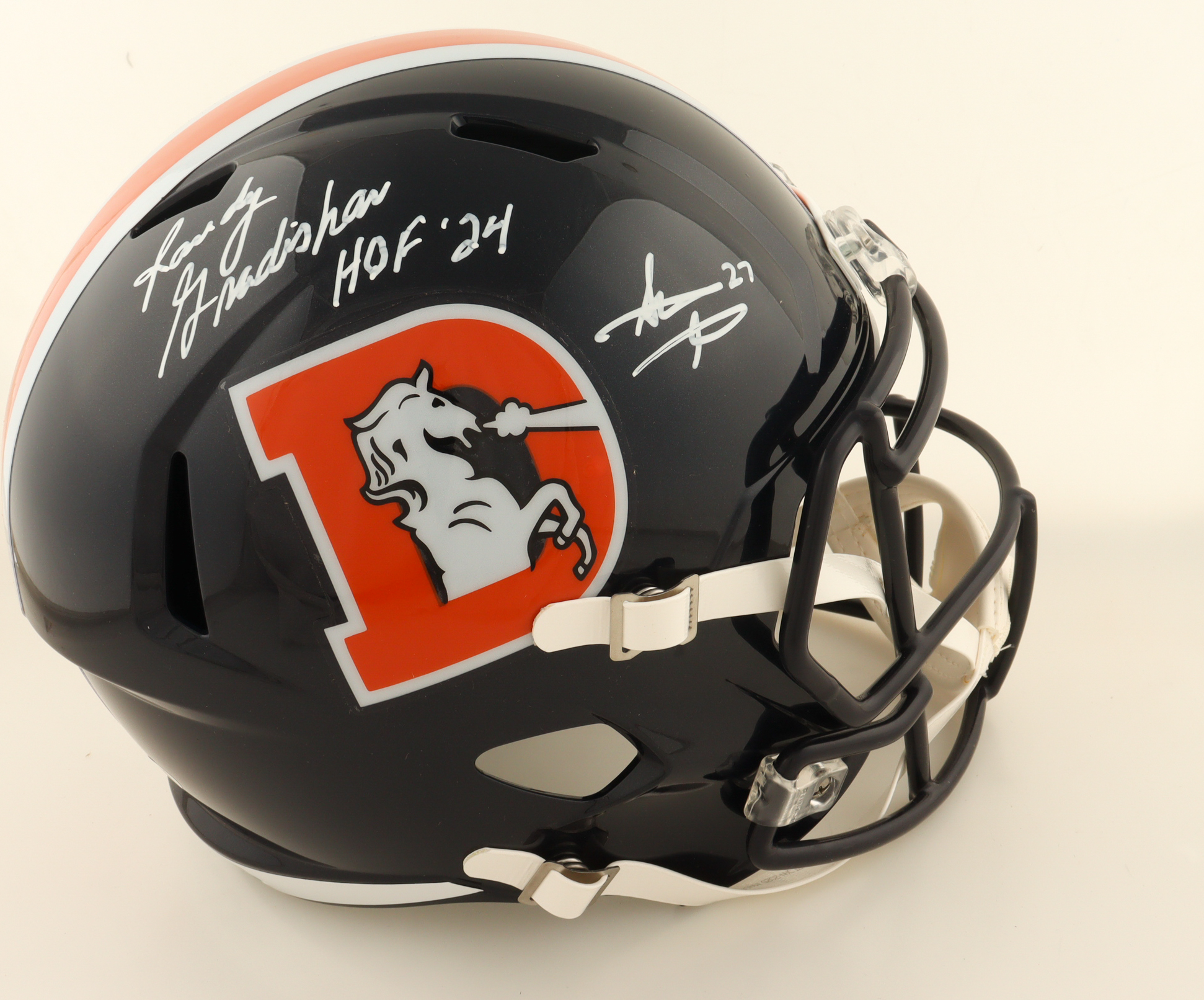 Randy Gradishar & Steve Atwater Signed Broncos Full-Size Throwback Alternate Speed Helmet Inscribed "HOF 24" (JSA) at PristineAuction.com Randy Gradishar & Steve Atwater Signed Broncos Full-Size Throwback Alternate Speed Helmet Inscribed "HOF 24" (JSA) at PristineAuction.com