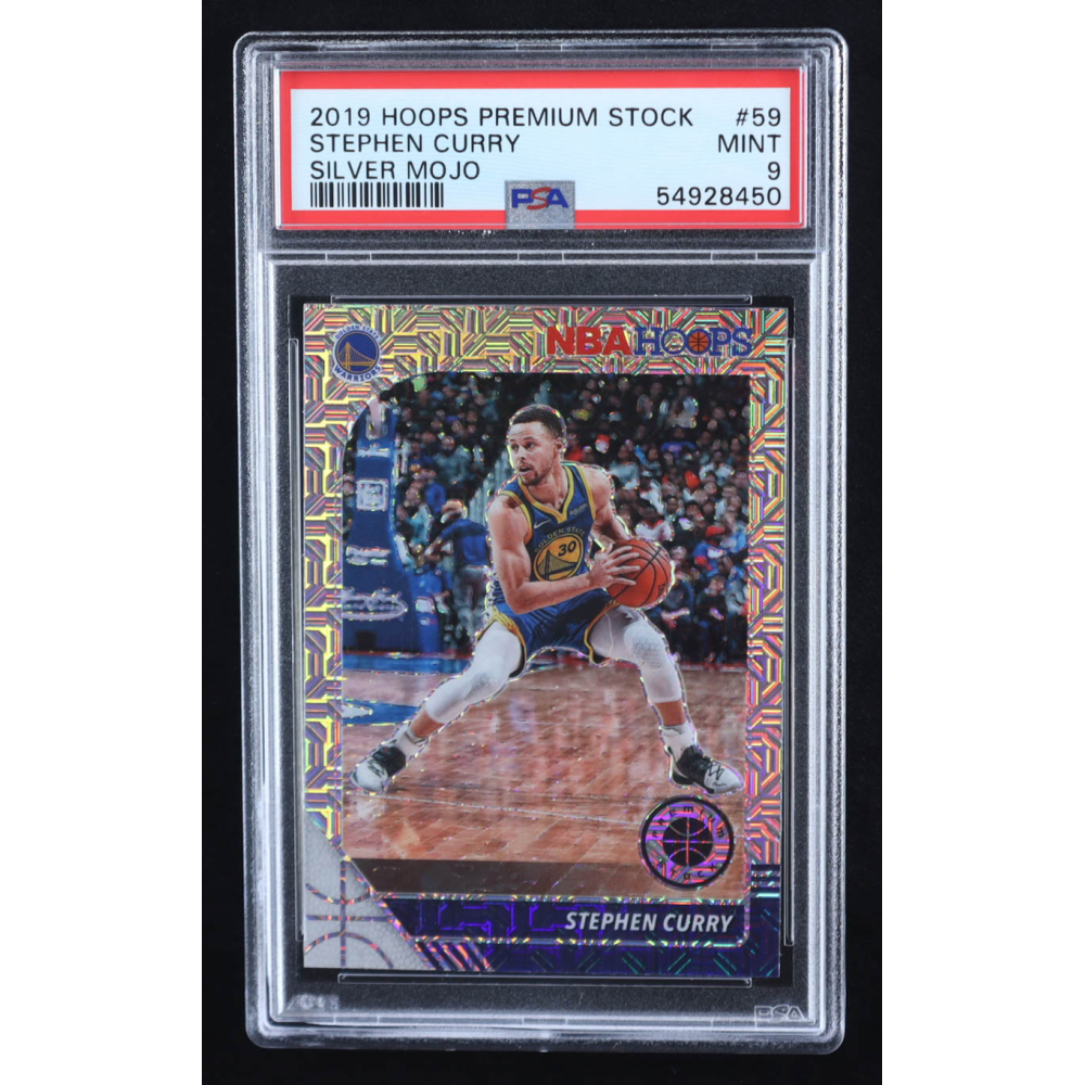 Stephen Curry 2019-20 Hoops Premium Stock Prizms Silver Mojo #59 (PSA 9) at PristineAuction.com