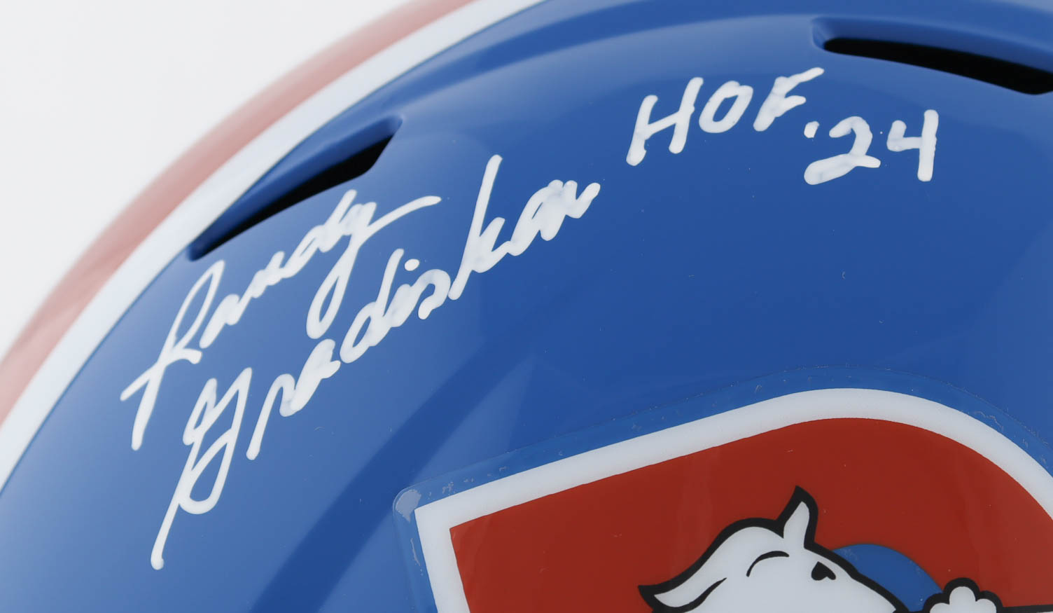 Randy Gradishar Signed Broncos Full-Size Throwback Speed Helmet Inscribed "HOF '24" (JSA) at PristineAuction.com Randy Gradishar Signed Broncos Full-Size Throwback Speed Helmet Inscribed "HOF '24" (JSA) at PristineAuction.com