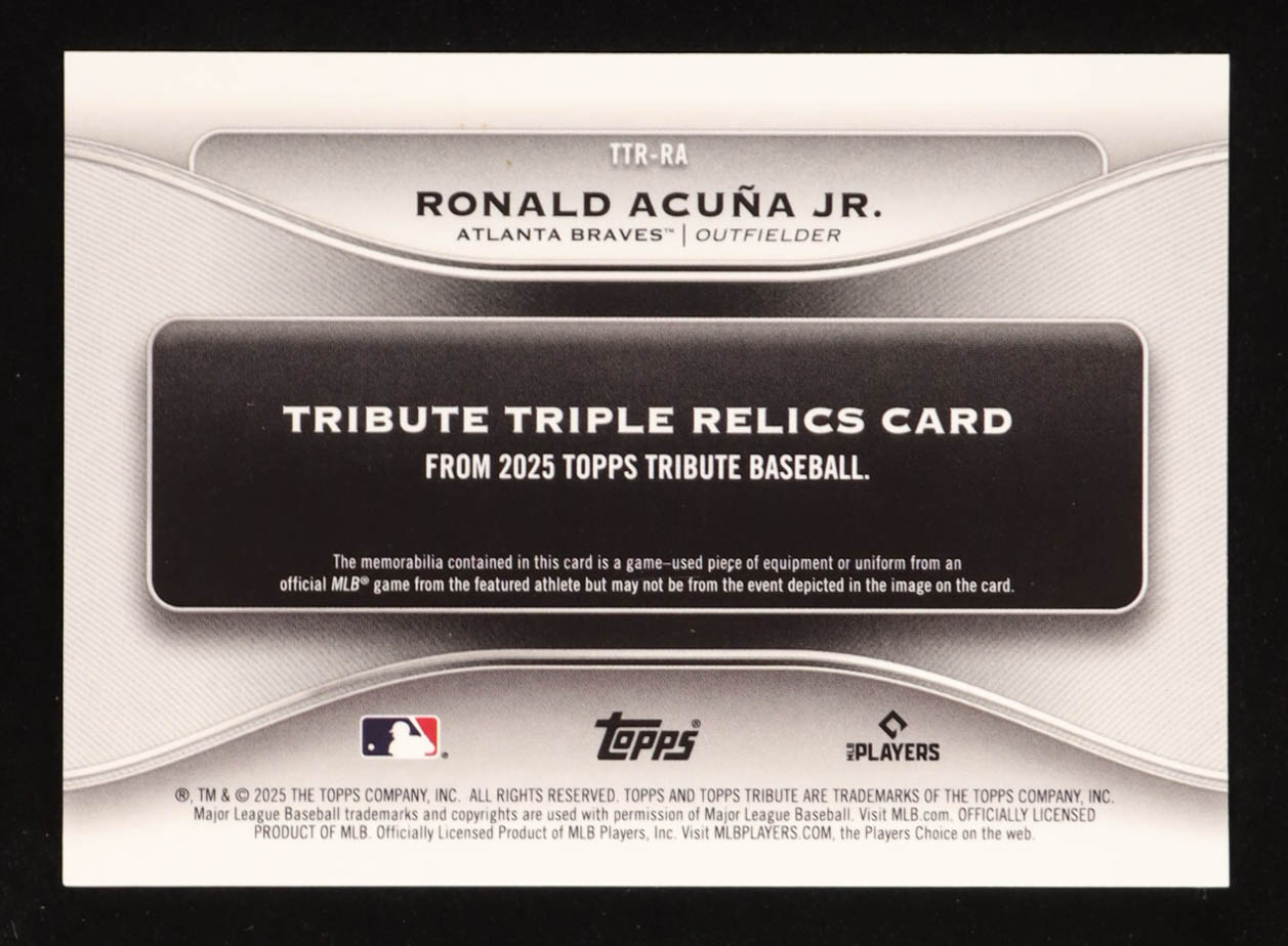 Ronald Acuna Jr. 2025 Topps Tribute Triple Relics Gold #TTRRA #22/75 at PristineAuction.com Ronald Acuna Jr. 2025 Topps Tribute Triple Relics Gold #TTRRA #22/75 at PristineAuction.com