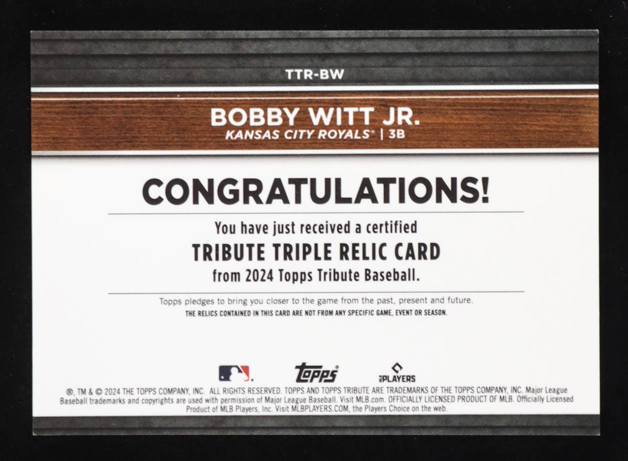 Bobby Witt Jr. 2024 Topps Tribute Triple Relics #TTRBW #134/199 at PristineAuction.com Bobby Witt Jr. 2024 Topps Tribute Triple Relics #TTRBW #134/199 at PristineAuction.com
