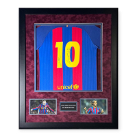 Lionel Messi & Ronaldinho Signed FC Barcelona Custom Framed Shirt (Icons) at PristineAuction.com
