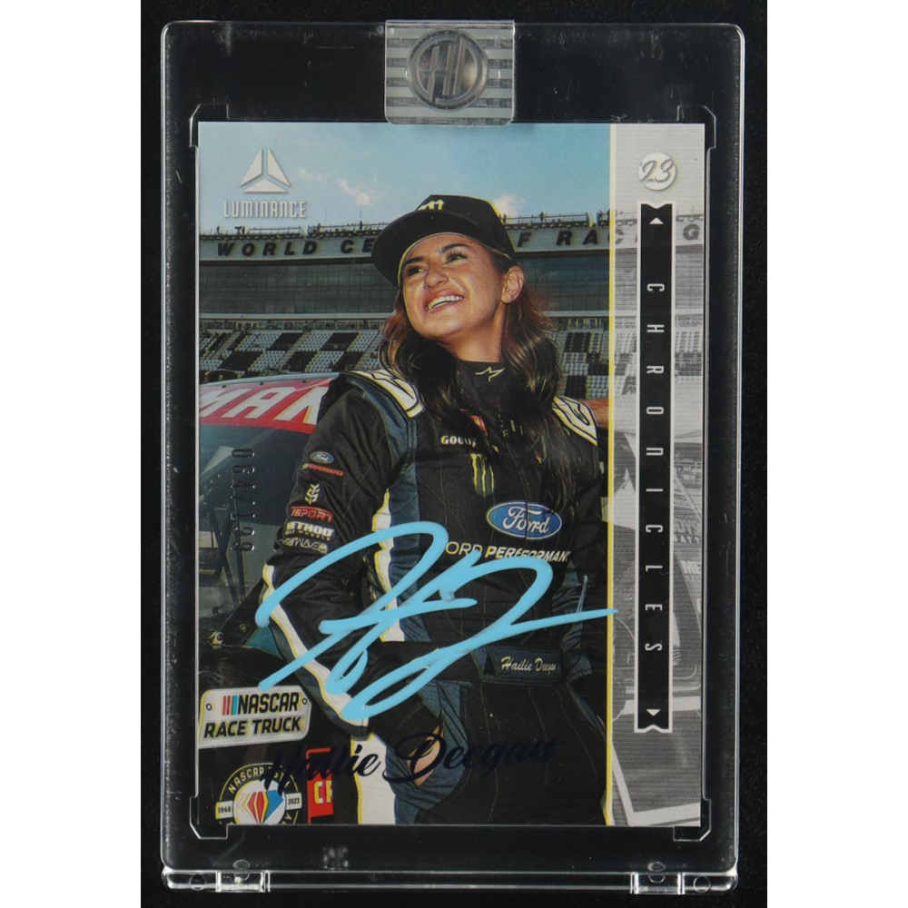 Hailie Deegan Signed 2023 Panini Chronicles Luminance Blue #1 #64/199 (Deegan) at PristineAuction.com Hailie Deegan Signed 2023 Panini Chronicles Luminance Blue #1 #64/199 (Deegan) at PristineAuction.com