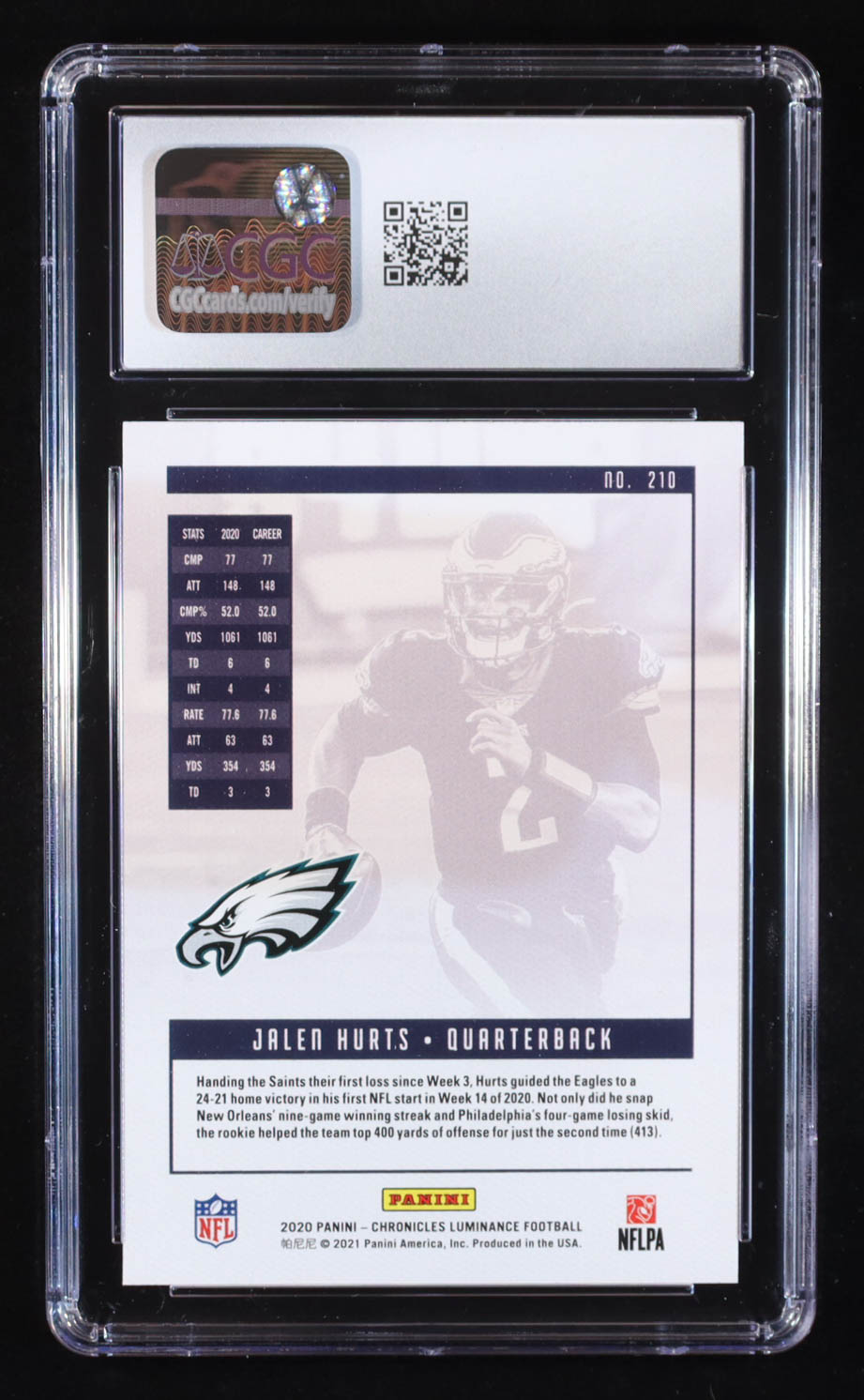 Jalen Hurts 2020 Panini Luminance #210 RC / CHRONICLES (CGC 10) at PristineAuction.com Jalen Hurts 2020 Panini Luminance #210 RC / CHRONICLES (CGC 10) at PristineAuction.com