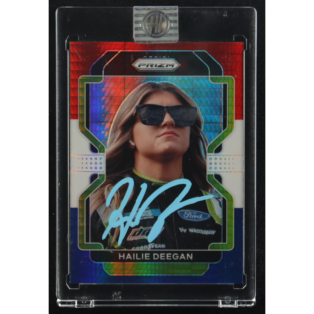Hailie Deegan Signed 2022 Panini Prizm Hyper Red White & Blue #71 (Deegan) at PristineAuction.com
