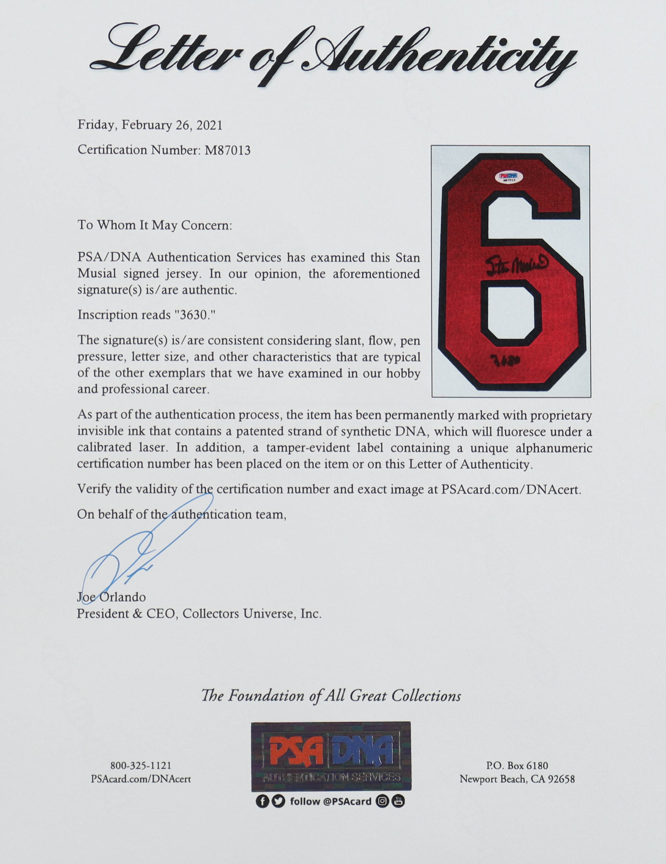 Stan Musial Signed Cardinals Majestic Authentic Jersey Inscribed "3630" (PSA) at PristineAuction.com Stan Musial Signed Cardinals Majestic Authentic Jersey Inscribed "3630" (PSA) at PristineAuction.com