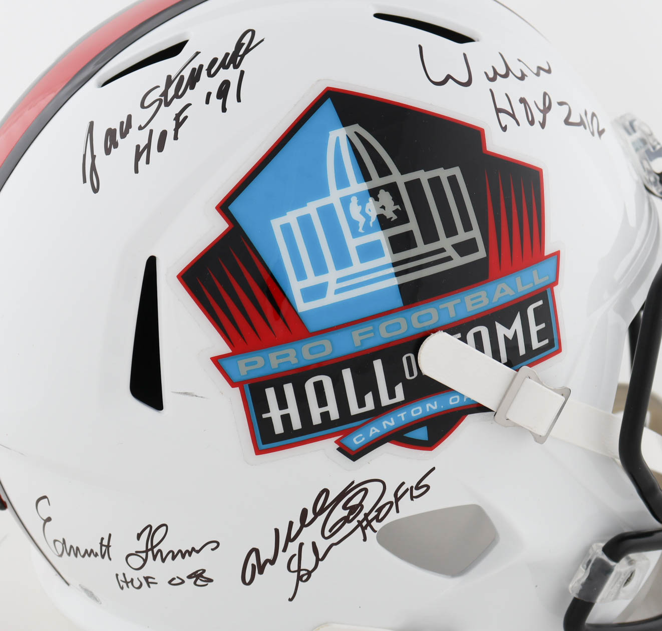 Hall Of Fame Logo Full-Size Speed Helmet Signed by (4) with Jan Stenerud, Willie Roaf, Will Shields & Emmitt Thomas with Multiple Career Stat Inscriptions (JSA) at PristineAuction.com Hall Of Fame Logo Full-Size Speed Helmet Signed by (4) with Jan Stenerud, Willie Roaf, Will Shields & Emmitt Thomas with Multiple Career Stat Inscriptions (JSA) at PristineAuction.com