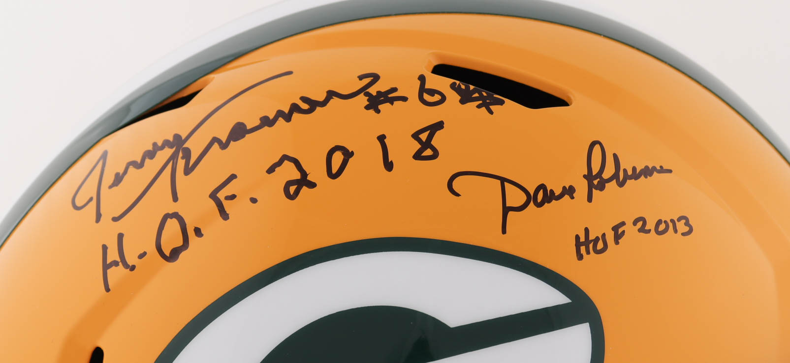 Jerry Kramer & Dave Robinson Signed Packers Full-Size Speed Helmet Inscribed "H.O.F. 2018" & "HOF 2013" (JSA) at PristineAuction.com Jerry Kramer & Dave Robinson Signed Packers Full-Size Speed Helmet Inscribed "H.O.F. 2018" & "HOF 2013" (JSA) at PristineAuction.com