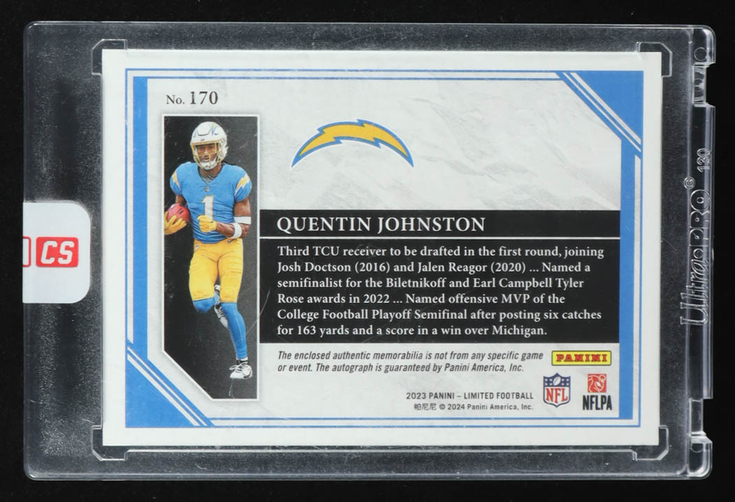 Quentin Johnston 2023 Panini Limited Jersey Autograph #170 #18/49 RC at PristineAuction.com Quentin Johnston 2023 Panini Limited Jersey Autograph #170 #18/49 RC at PristineAuction.com