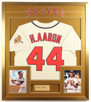 Hank Aaron Signed Custom Framed Cut Display with Jersey & Logo Pin (PSA | Auto Grade 10) at PristineAuction.com