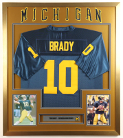 Tom Brady Custom Framed Jersey Display with Wolverines Pin & Name Plaque at PristineAuction.com