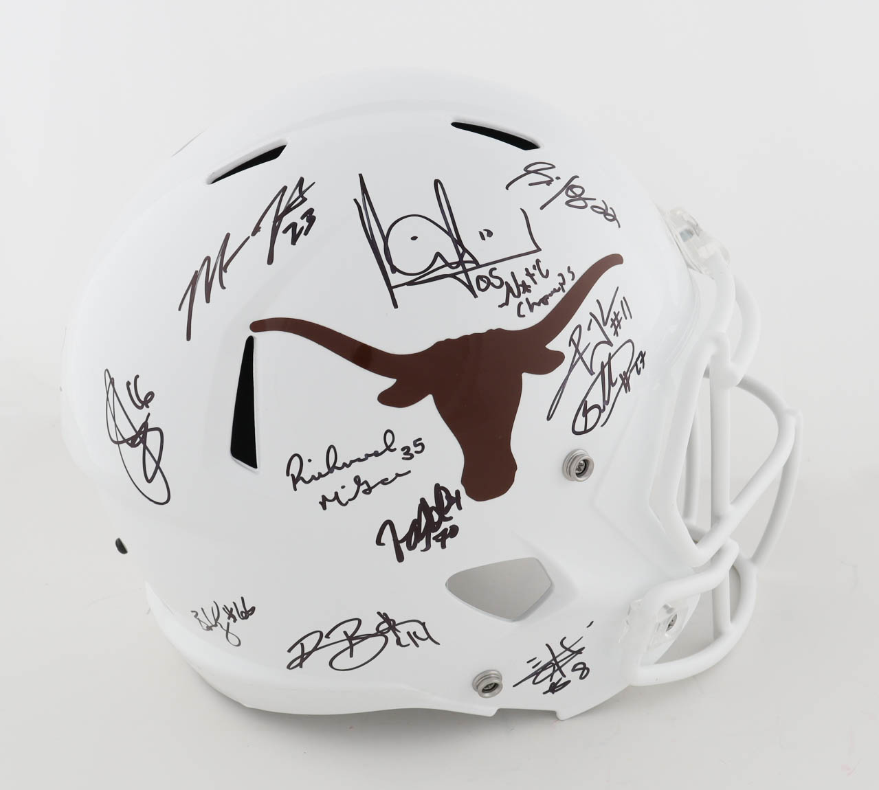 Texas Longhorns Full-Size Speed Helmet Signed by (24) with Vince Young, Romonce Taylor, Michael Griffin, Jermichael Finley with Multiple Career Stat Inscriptions (AIV) at PristineAuction.com Texas Longhorns Full-Size Speed Helmet Signed by (24) with Vince Young, Romonce Taylor, Michael Griffin, Jermichael Finley with Multiple Career Stat Inscriptions (AIV) at PristineAuction.com