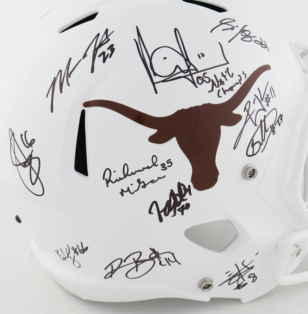 Texas Longhorns Full-Size Speed Helmet Signed by (24) with Vince Young, Romonce Taylor, Michael Griffin, Jermichael Finley with Multiple Career Stat Inscriptions (AIV) at PristineAuction.com Texas Longhorns Full-Size Speed Helmet Signed by (24) with Vince Young, Romonce Taylor, Michael Griffin, Jermichael Finley with Multiple Career Stat Inscriptions (AIV) at PristineAuction.com