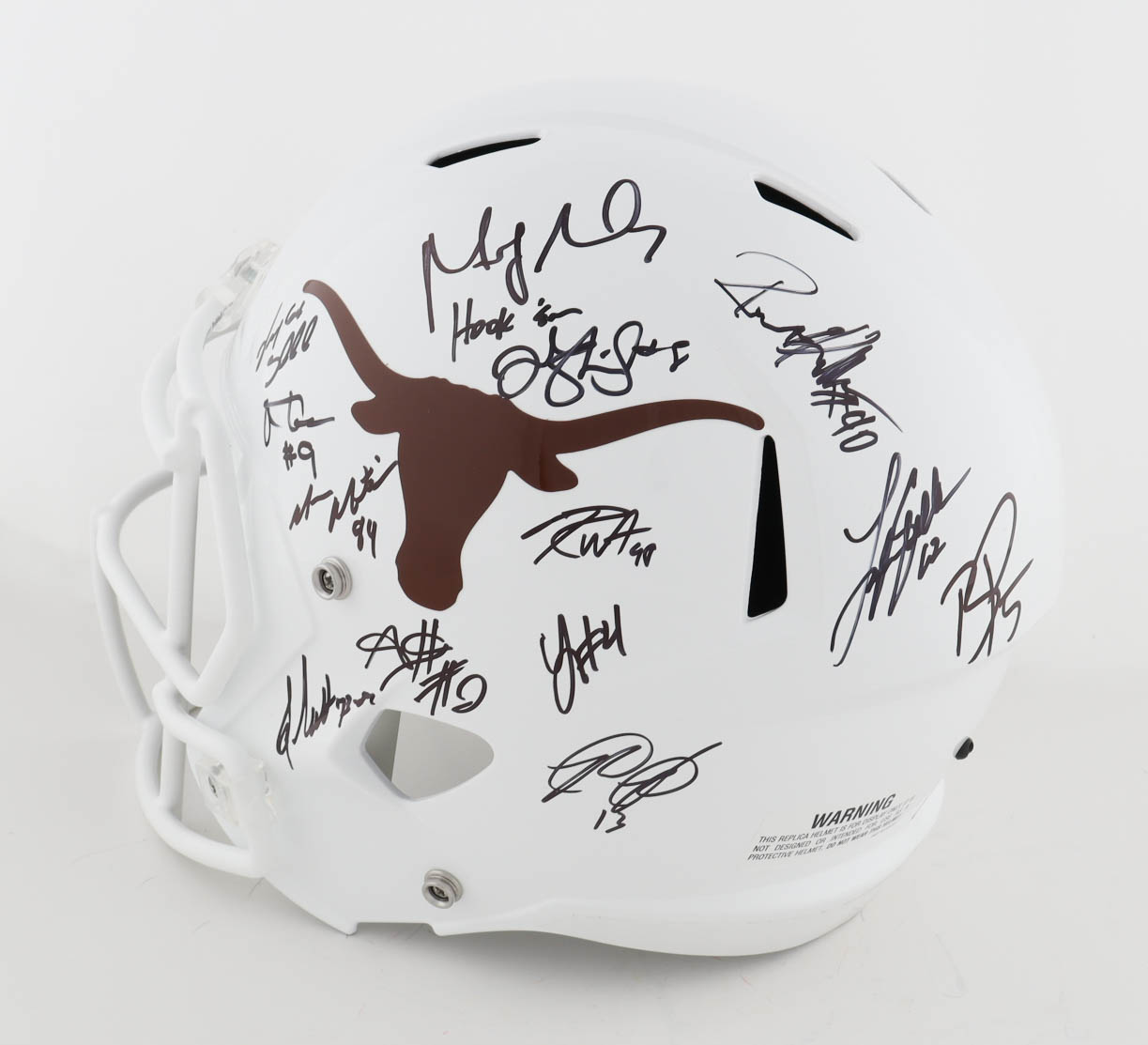 Texas Longhorns Full-Size Speed Helmet Signed by (24) with Vince Young, Romonce Taylor, Michael Griffin, Jermichael Finley with Multiple Career Stat Inscriptions (AIV) at PristineAuction.com Texas Longhorns Full-Size Speed Helmet Signed by (24) with Vince Young, Romonce Taylor, Michael Griffin, Jermichael Finley with Multiple Career Stat Inscriptions (AIV) at PristineAuction.com