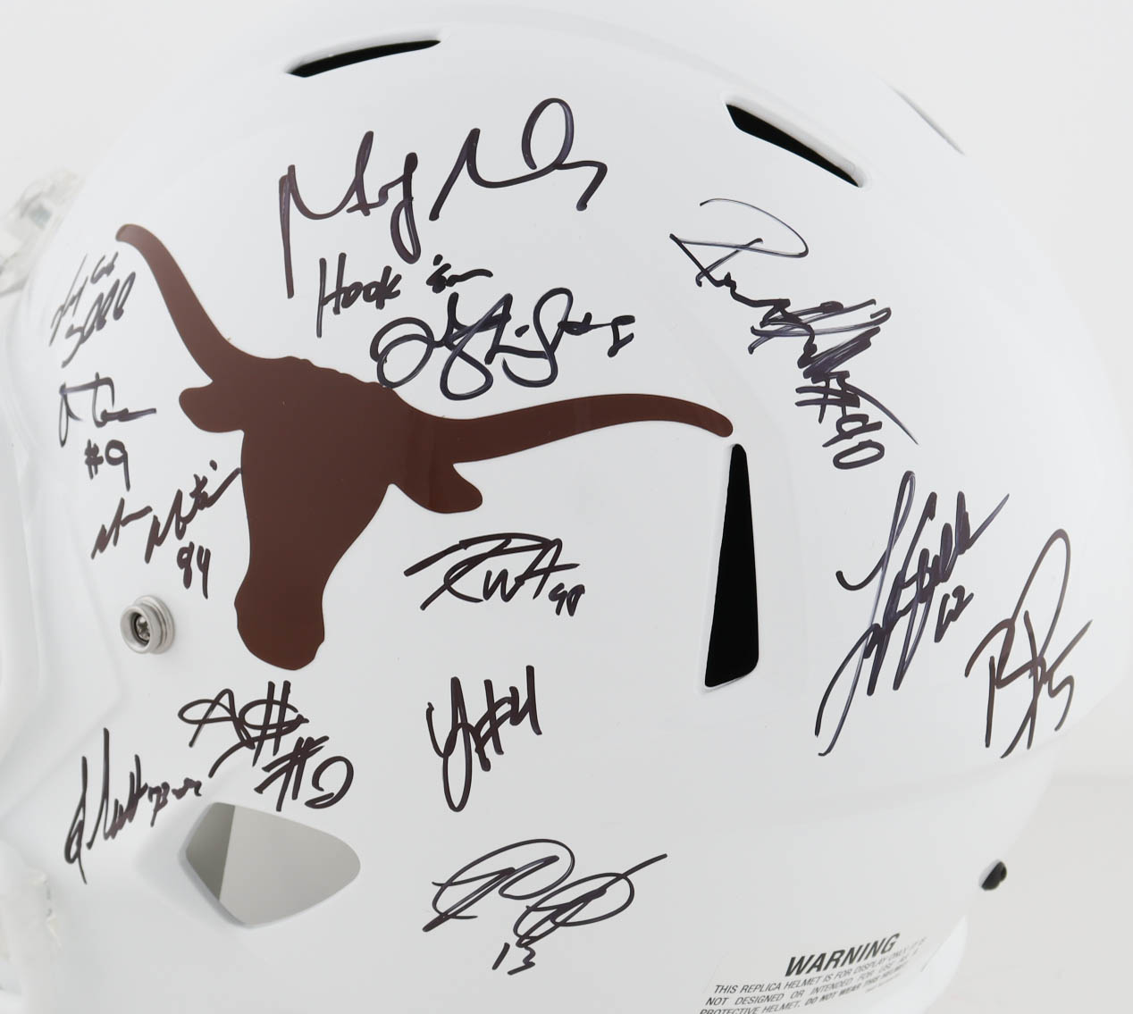 Texas Longhorns Full-Size Speed Helmet Signed by (24) with Vince Young, Romonce Taylor, Michael Griffin, Jermichael Finley with Multiple Career Stat Inscriptions (AIV) at PristineAuction.com Texas Longhorns Full-Size Speed Helmet Signed by (24) with Vince Young, Romonce Taylor, Michael Griffin, Jermichael Finley with Multiple Career Stat Inscriptions (AIV) at PristineAuction.com