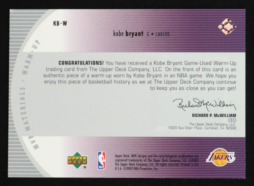 Kobe Bryant 2002-03 Upper Deck MVP Materials Warm Up #KBW at PristineAuction.com Kobe Bryant 2002-03 Upper Deck MVP Materials Warm Up #KBW at PristineAuction.com