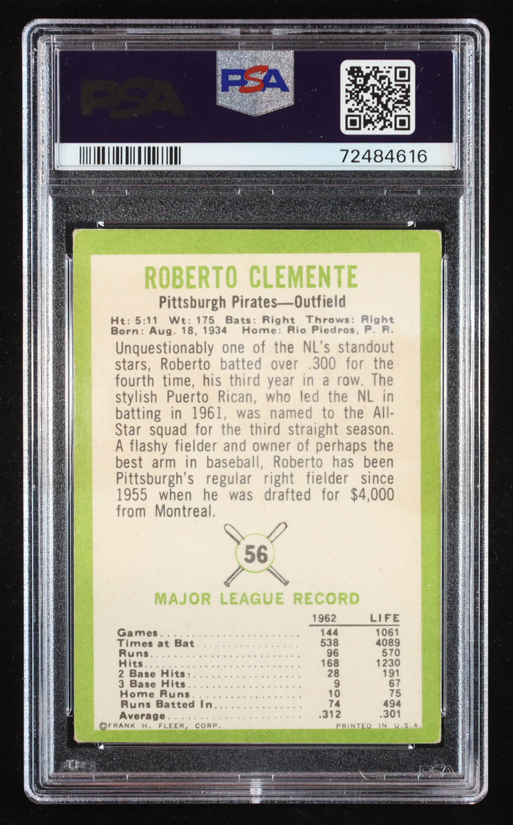 Roberto Clemente 1963 Fleer #56 (PSA 3) at PristineAuction.com Roberto Clemente 1963 Fleer #56 (PSA 3) at PristineAuction.com