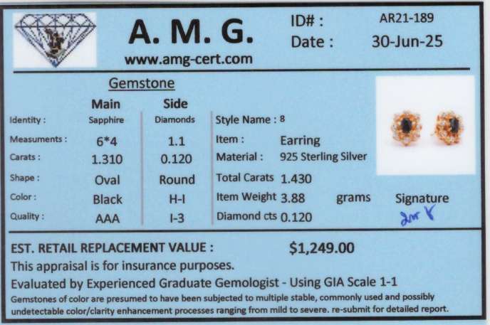 1.43 CTW Black Sapphire & Diamonds 18K Gold Plated Designer Earrings| Estimated Retail Value: $1,249 (AMG) at PristineAuction.com 1.43 CTW Black Sapphire & Diamonds 18K Gold Plated Designer Earrings| Estimated Retail Value: $1,249 (AMG) at PristineAuction.com