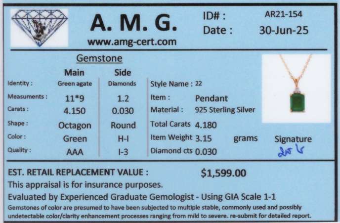 4.18 CTW Green Agate & Diamonds 18K Gold Plated Necklace Size 18 Inches| Estimated Retail Value: $1,599 (AMG) at PristineAuction.com 4.18 CTW Green Agate & Diamonds 18K Gold Plated Necklace Size 18 Inches| Estimated Retail Value: $1,599 (AMG) at PristineAuction.com
