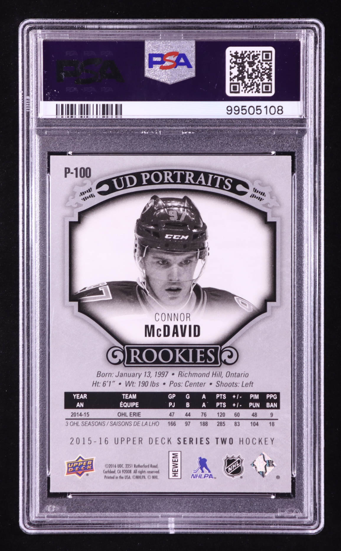 Connor McDavid 2015-16 Upper Deck UD Portraits #P100 RC (PSA 9) at PristineAuction.com Connor McDavid 2015-16 Upper Deck UD Portraits #P100 RC (PSA 9) at PristineAuction.com
