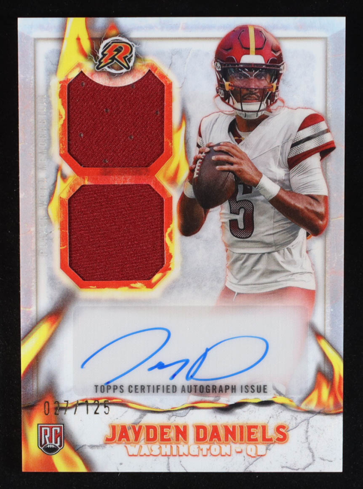Jayden Daniels 2024 Topps Resurgence Ignite Rookie Patch Autographs White Surge #IPAJD RC #027/125