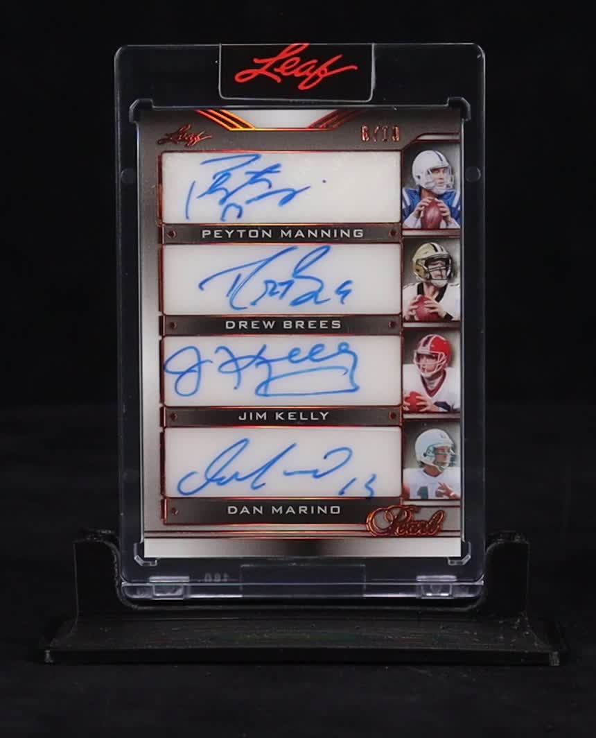Peyton Manning / Drew Brees / Jim Kelly / Dan Marino / Bert Jones / Ken Anderson / Bob Griese / Fran Tarkenton 2025 Leaf Pearl Signatures Bronze #S85 #08/10 at PristineAuction.com