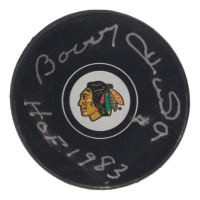 Bobby Hull Signed Blackhawks Logo Hockey Puck Inscribed "HOF 1983" (Fanatics) at PristineAuction.com