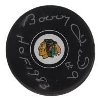 Bobby Hull Signed Blackhawks Logo Hockey Puck Inscribed "HOF 1983" (Fanatics) at PristineAuction.com