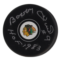 Bobby Hull Signed Blackhawks Logo Hockey Puck Inscribed "HOF 1983" (Fanatics) at PristineAuction.com