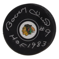 Bobby Hull Signed Blackhawks Logo Hockey Puck Inscribed "HOF 1983" (Fanatics) at PristineAuction.com
