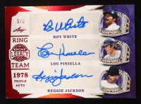 Roy White / Lou Piniella / Reggie Jackson 2024 Leaf A Bronx Legacy Ring Team Autographs Triple Spectrum Red Holofoil #RT36 #5/5 at PristineAuction.com